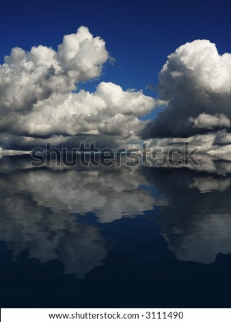 Dramatic cloudscape on a blue sky, reflecting in the ocean.