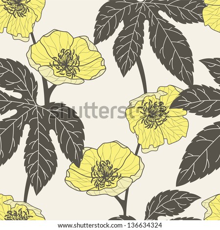 Seamless pattern of yellow exotic flowers. Yellow Cotton Tree (Cochlospermum regium)