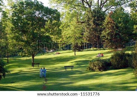 Landscape - People on green grass lawn in park