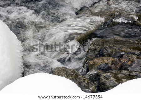 Flowing water between snow and ice