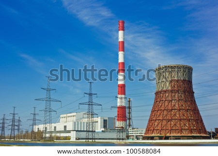 Thermal power stations and power lines on a clear day