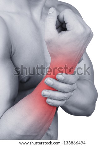 Man with pain in the hand isolated on white background
