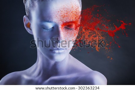 White face with red spray paint on a white background. Fashion makeup