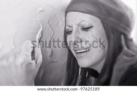 Crying woman. Black and white photo