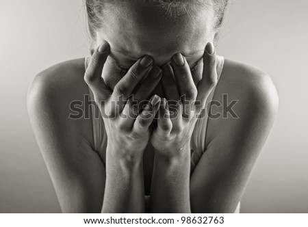 Crying woman. Black and white photo