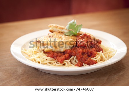 Chicken Pasta Piccata Milanese with fruity tomato sauce