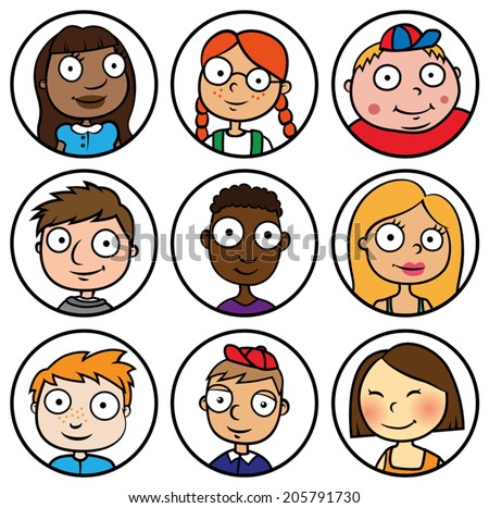Cartoon vector design illustration of children people face icons, different ethnicity friends
