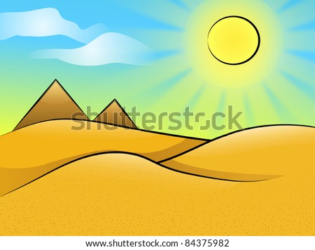 Sunny desert landscape with dunes and pyramids, vector illustration