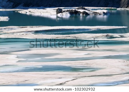 Ice floats amidst a pool of glacial meltwater below the Grinnell Glacier in northern Montana