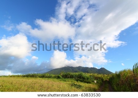 View of Mount Liamuiga from the sugar cane fields of Saint Kitts