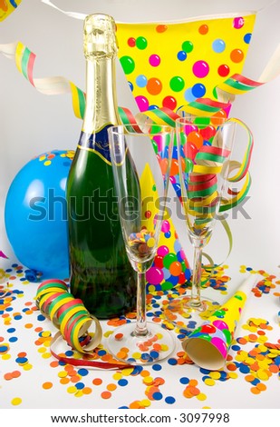 A colorful picture of a party scene. With champaign, balloons, confetti and more