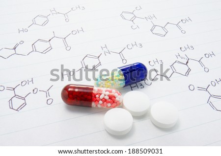 Medicines and structure formula. Pharmacy image.