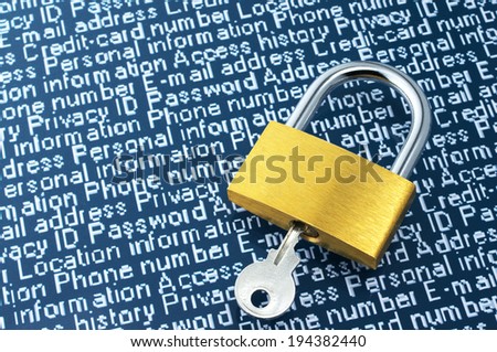 Concept image of internet security. Padlock and personal information with copyspace.