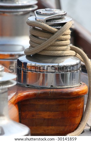 Winch and rope on a vintage yacht
