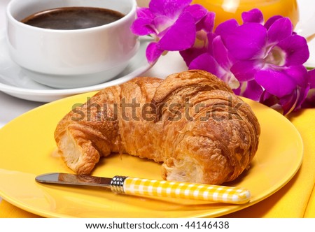 Cafea, ceai si voie buna ! - Pagina 20 Stock-photo-freshly-baked-croissant-and-coffee-orchid-flowers-44146438