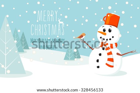 Winter landscape with a snowman with a scarf and bird sitting on his hand in flat design in vector