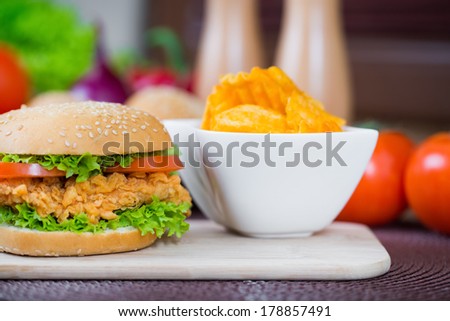 Crispy Chicken Burger and chips
