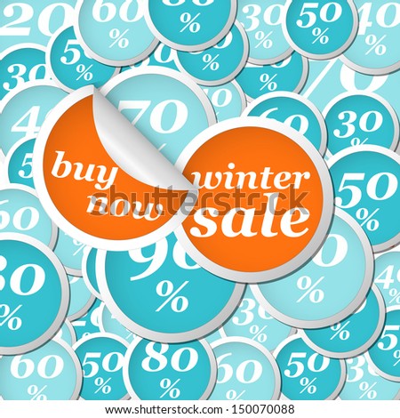 winter flat orange and blue circle labels with discounts and text
