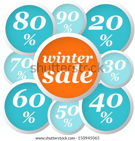 winter flat orange and blue circle labels with discounts and text