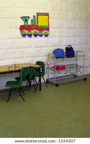 School hall way, with lunch trolley, chairs etc.
