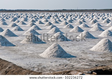 Salt fields with piled up sea salt in Thailand.