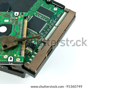 Hard drive with key, the image idea for encrypted data concept.