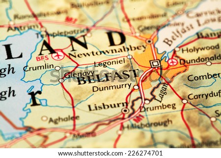 Belfast Ireland, on atlas world map