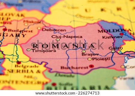 Romania on atlas world map