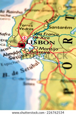Lisbon Portugal,  on atlas world map