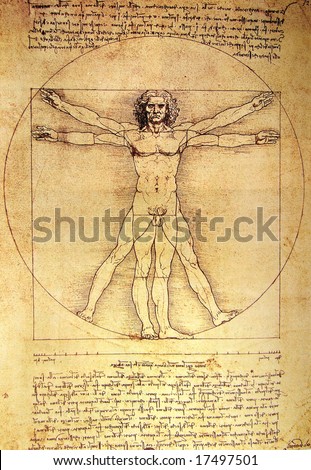 Photo of the Vitruvian Man by Leonardo Da Vinci from 1492 on textured background. Photo of the Vitruvian Man by Leonardo Da Vinci from 1492 on textured background.
