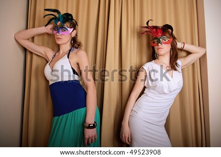 Two masked actress at theater. Concept of art, act, fashion, posing