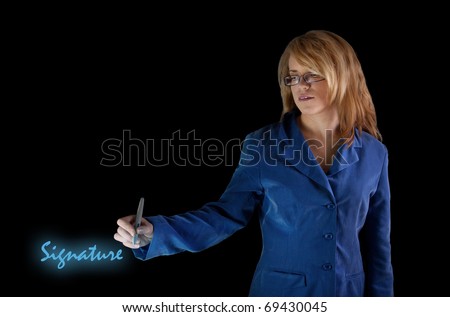 Blond business girl writing digital signature with black background