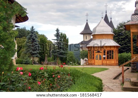 Romania, Moldavia 5th July 2010. Visiting the Monastery Sihastria. Interior garden.