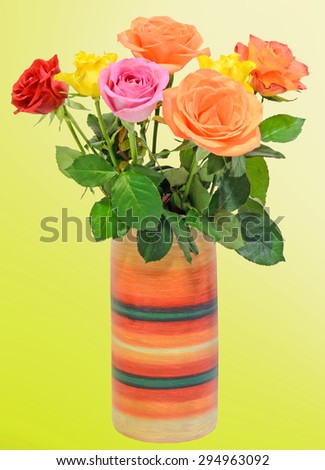 Vibrant colored (red, yellow, orange, white) roses flowers in a colored vase, close up, bouquet, floral arrangement, gradient background