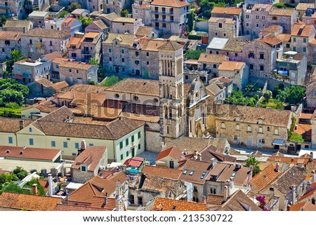 Historic town of Hvar aerial view od Pjaca old city core, Dalmatia, croatia