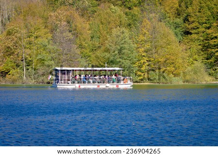 Plitvice lakes national park in Croatia electric boat in nature