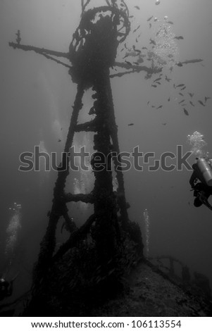 A black and white image of divers swimming around the crows nest of the USCG Duane in Key Largo, Florida. A sunken shipwreck in the John Pennekamp State Park. One female is wearing doubles.