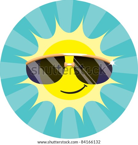 Spot illustration of a smiling cartoon sun wearing shades and emitting rays.