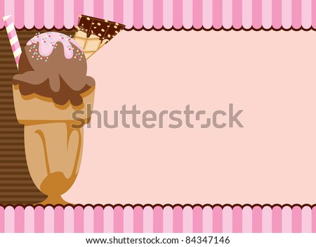 Cute invitation with a ice cream milkshake motif ideal for a girl\'s party invitation, dessert recipe card or fun menu background.