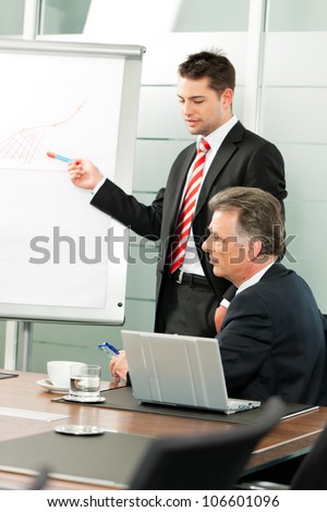Business people - Senior Manager or boss in meeting discussing new strategy while a male colleague is doing the presentation