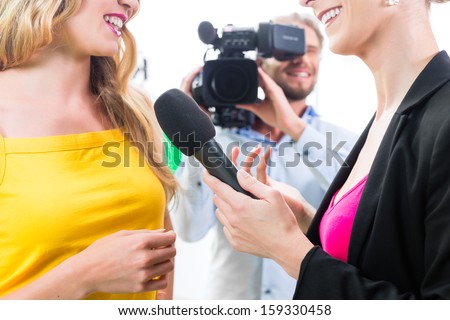 Reporter And Cameraman Film Shoot Actress Interview On Film Set For Tv Or Television