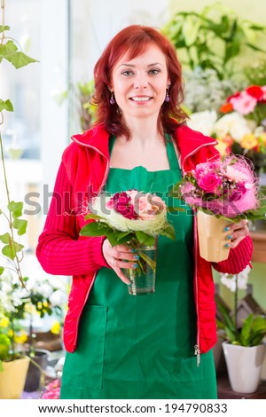 Florist selling flowers and bouquets in shop