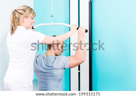 Patient at the physiotherapy doing physical exercises with therapist in sport rehabilitation