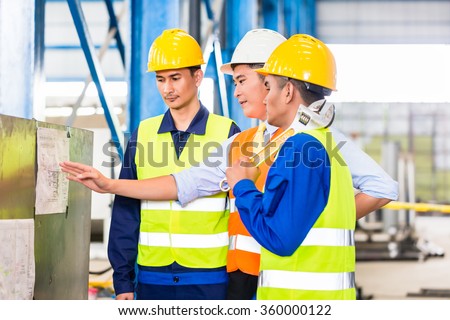 Team of workers and engineer  in Factory at production training with laptop