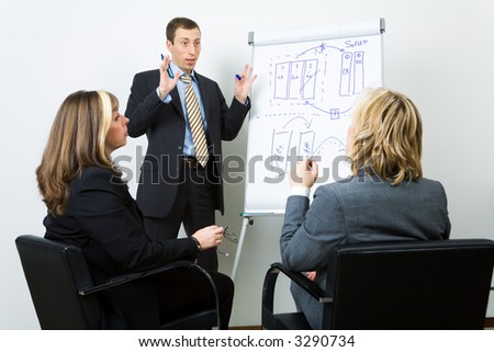 A flip chart presentation given by a businessman, two co-workers (female) watching him