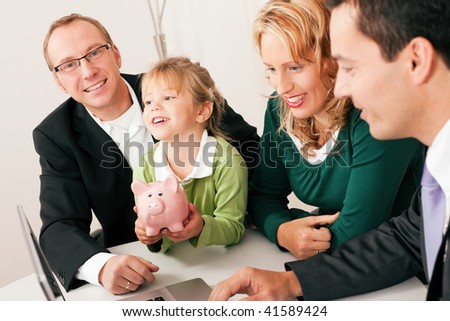 Family with their consultant (assets, money or similar) doing some financial planning - symbolized by a piggy bank the daughter is holding in her hand