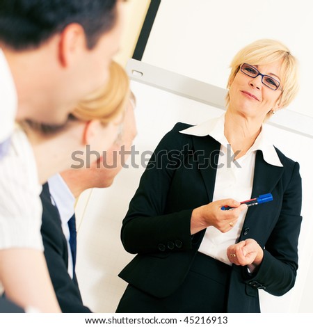 Business team receiving a presentation held by a co-worker standing in front of a flipchart