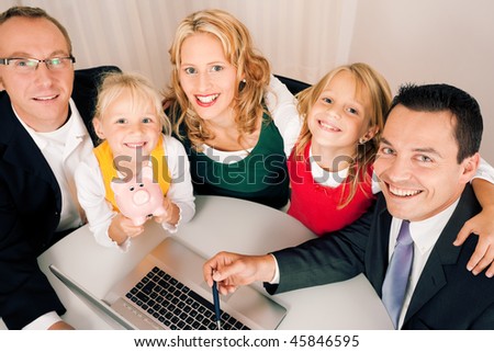 Family with their consultant (assets, money or similar) doing some financial planning - symbolized by a piggy bank in the front