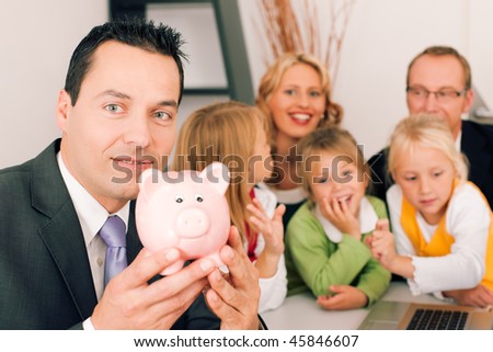 Family with their consultant (assets, money or similar) doing some financial planning - symbolized by a piggy bank in the front, the consultant in front looking at the camera