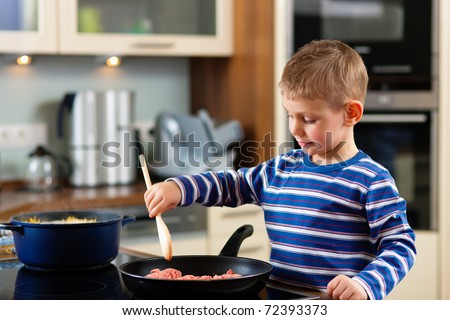Family cooking in their kitchen Ã¢Â?Â? the son is taking care fort he shopped meet